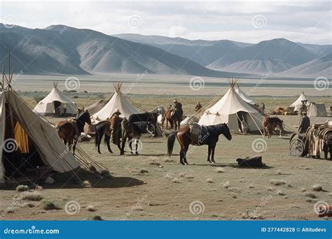 Nomadic Tribe Setting Up Camp With Tents And Horses Visible Stock