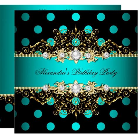 Elegant Teal Gold Black Polka Dots Birthday Party Invitation Zazzle