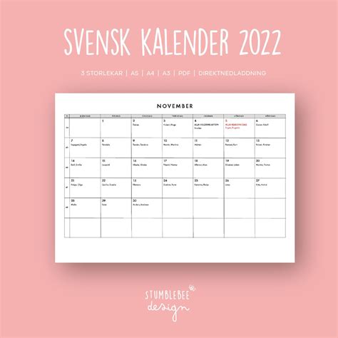 Swedish Calender 2022 Svensk Kalender 2022 Sverige Sweden Etsy