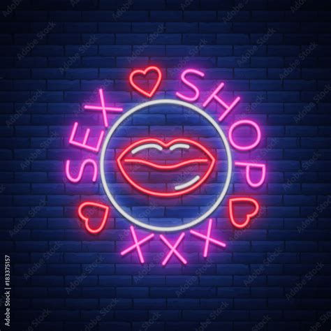 Sex Shop Logo Emblem In Neon Style Neon Effect Grocery Store Intimate Items Vector