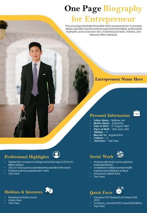 One Page Biography For Entrepreneur Presentation Report Infographic Ppt