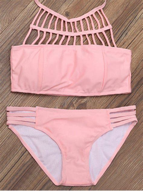 12 Off 2021 Lattice High Neck Bikini Top And Bottoms In Pink Zaful