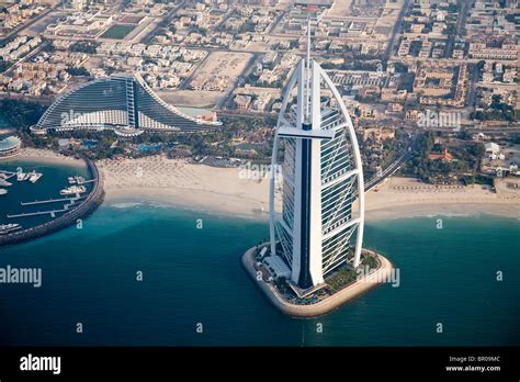 Uae Dubai Aerial Of Burj Al Arab And Jumeirah Beach Hotels Looking
