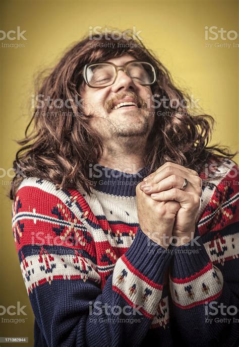 Laughing Happy Nerd Geek Portrait With Hands Together Stock Photo