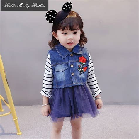 Rmbkids Fall Spring Baby Girls Dresses Kids Clothes Set Rose Denim Vest