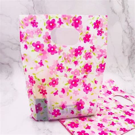Plastic T Bags With Handles Pink Flower Print Mini Jewelry Xmas