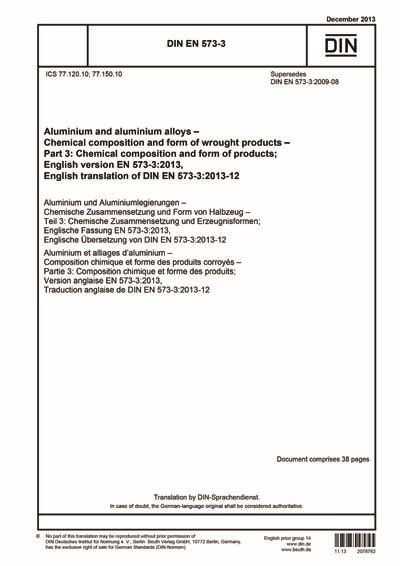 Chemical composition and form of products; DIN EN 573-3:2013 - Aluminium and aluminium alloys ...