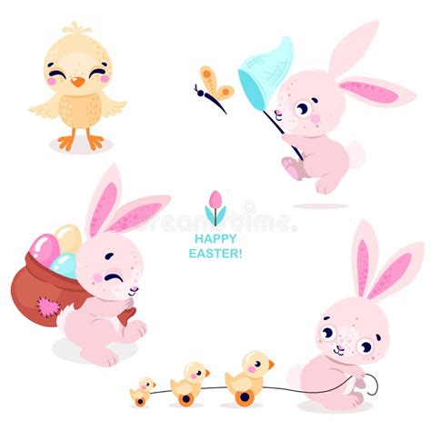 Set Of Cute Easter Rabbits With Easter Eggs And Chicken Collection Of