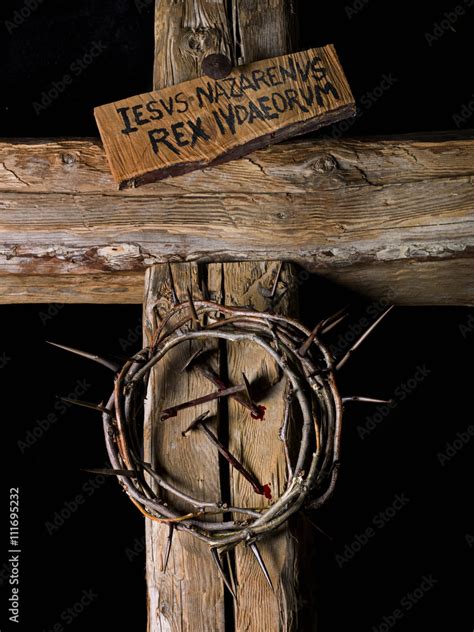 Crown Of Thorns And Nails Of Christ With Blood On Wooden Cross Stock
