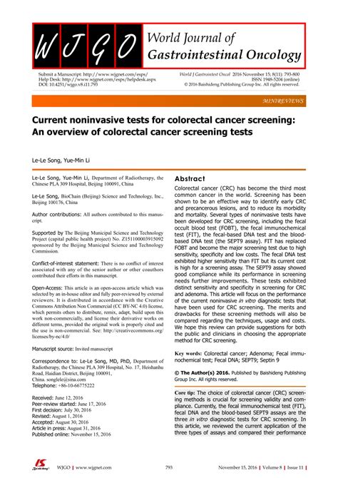 Pdf Current Noninvasive Tests For Colorectal Cancer Screening An Overview Of Colorectal