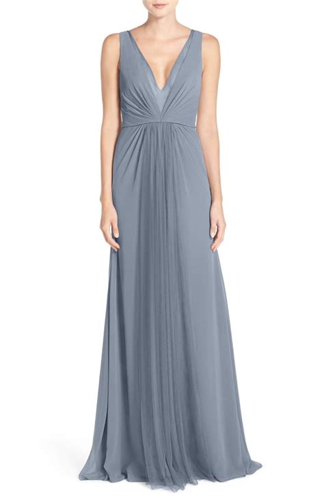 Monique Lhuillier Bridesmaids Deep V Neck Chiffon And Tulle Gown Nordstrom