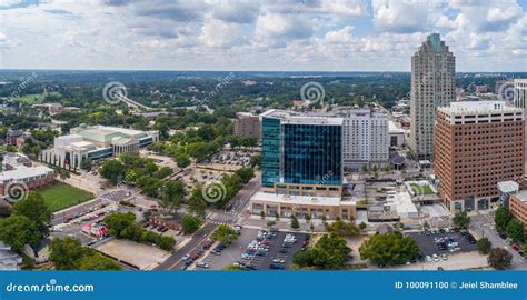 Panorama Drone Still Of High Rises In The City Of Raleigh Nc Stock
