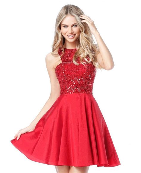 Sherri Hill 51302 Short Beaded Full Figured Halter Dress Red
