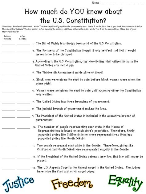 U S Constitution Preamble And Bill Of Rights Worksheets With Free 0df