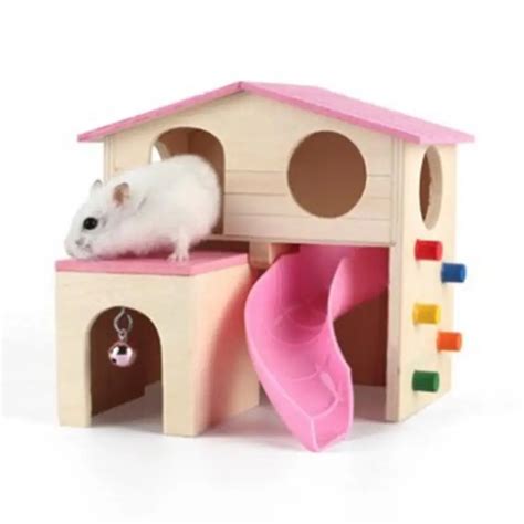 Durable Wooden Hamster Nest Play House Double Layered Hideout Bell And