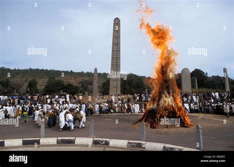 Meskel Ceremony In Front Of The Stelae Field Axum Ethiopia Stock