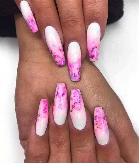 💕 White With Pink Marble On Long Coffin Nails 👆🏼 • 💅🏽 Artis Marble