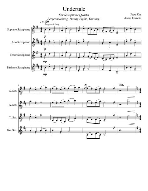 Undertale Saxophone Quartet Sheet Music For Soprano Saxophone Alto