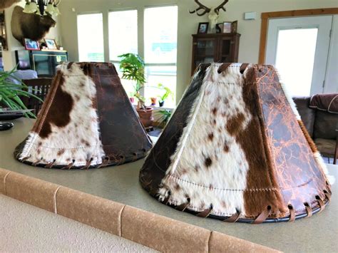 Brown And White Cowhide Lamp Shade W Distressed Crackle Leather