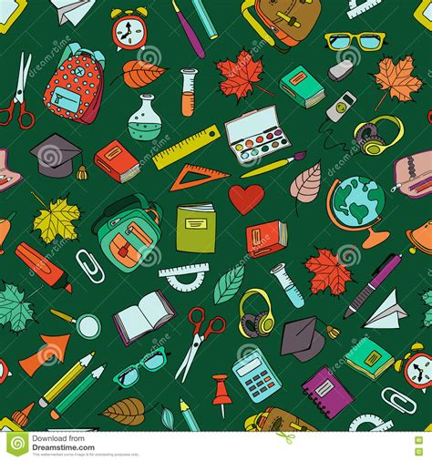 Vector Seamless Pattern With Color Doodle School Tools Stock Vector