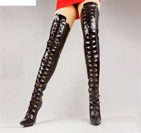 Black Pvc And Leather Thigh High Boots Dotty After Midnight