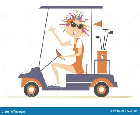 Young Golfer Woman Ride On The Golf Cart Car Illustration Stock Vector