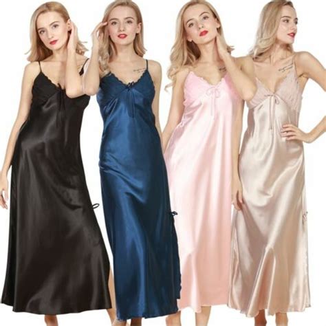 Womens Satin Deep V Neck Lace Long Chemise Negligee Nightdress Silk
