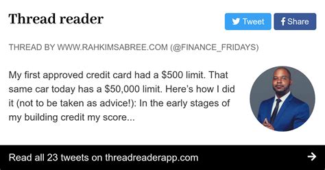 We did not find results for: Thread by @finance_fridays: "My first approved credit card had a $500 limit. That same car today ...