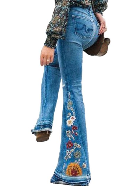 Vintage Women Denim Flared High Waist Wide Leg Pants Bell Bottom Jeans