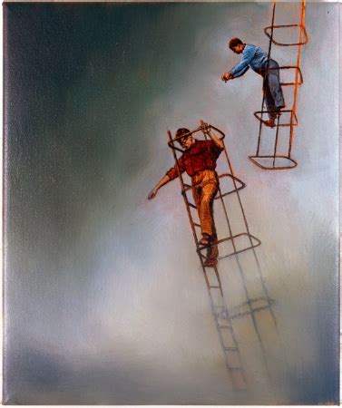 Two Men Climbing Up The Side Of A Ladder To Reach Another Man S Head