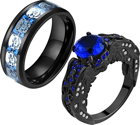 2 skull rings his and hers couple rings skeleton black rings blue cz womens wedding ring punk