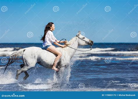 Young Woman Riding On The White Horse Through The Ocean Stock Image
