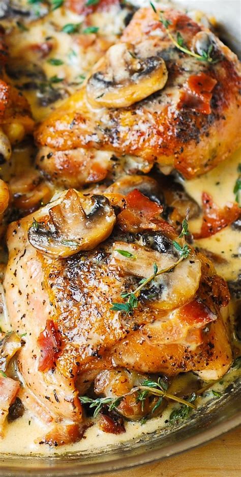 We decided to use chicken thighs for this recipe because dark meat suits the natural juices released from mushrooms. Chicken Thighs with Creamy Bacon Mushroom Thyme Sauce ...
