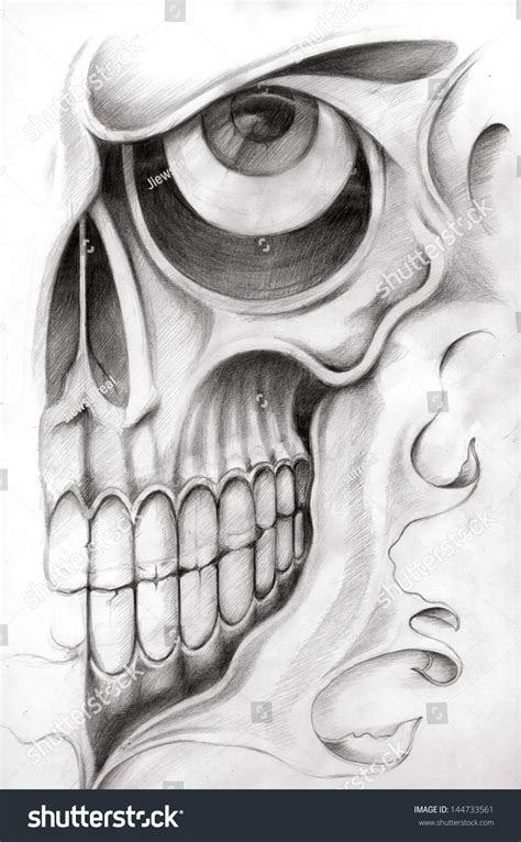 Skull Tattoo Hand Drawing On Paper Stock Illustration 144733561
