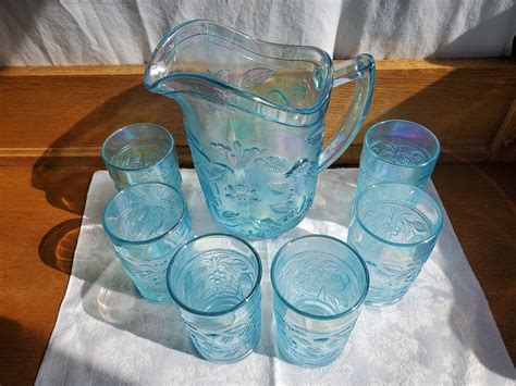 Beautiful Imperial Glass Ice Blue Iridescent Pitcher And Six Etsy In 2022 Imperial Glass
