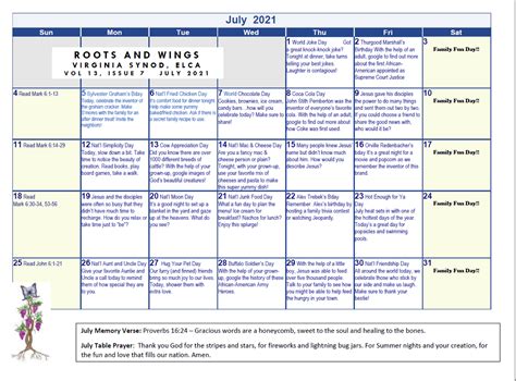 Roots And Wings Calendar July 2021 Apostles Lutheran Church