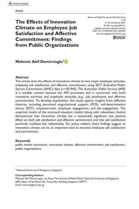 Pdf The Effects Of Innovation Climate On Employee Job Satisfaction
