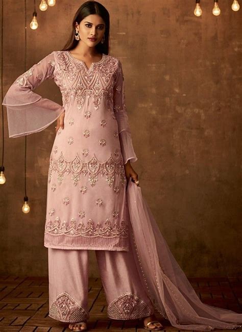 Blush Pink Traditional Embroidered Palazzo Pant Suit Fashion Dress Collection Indian Dresses