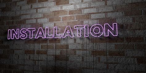 Installation Glowing Neon Sign On Stonework Wall 3d Rendered