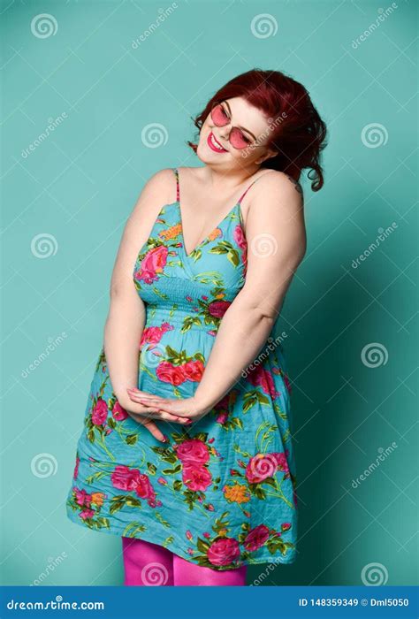 Nice Plus Size Lady Overweight Fat Woman In Sunglasses And Colorful Clothes Act Like A Little
