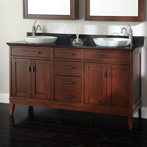 Its six drawer fronts come with handles in a shiny finish. 60" Tobacco Madison Double Vanity with Vessel Sinks - Bathroom