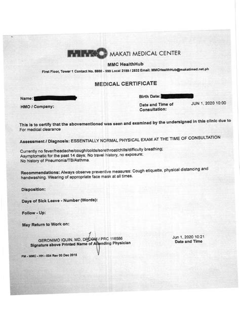 Medical Certificate Sample Pdf