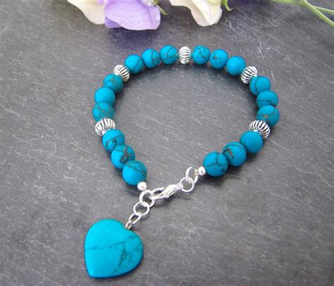 Turquoise Bracelet With Turquoise Heart Charm Synthetic Dark Etsy