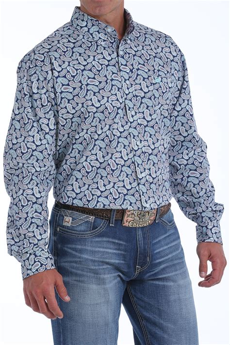 cinch jeans men s navy and light blue pine print button down western shirt