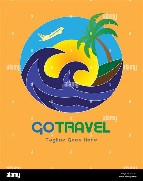 Travel Company Logo With Airplane Blue Sky Palm Tree Sunrise Vector Logo Sea Beach Waves