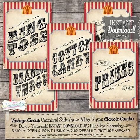 30 Vintage Circus Game Carnival Signs Posters Classic Instant Download Printable Birthday