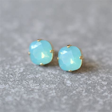 Pacific Blue Green Opal Earrings Swarovski Crystal Studs Etsy