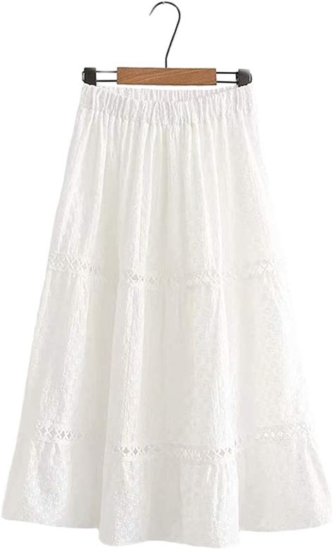 Himifashion Womens Vintage Flowy Skirt Elastic Waist Embroidery Cotton White Long Skirts For