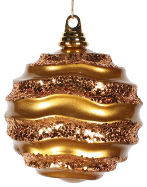 6 Antiq Gold Candy Glitter Wave Ball Christmas Ornaments By