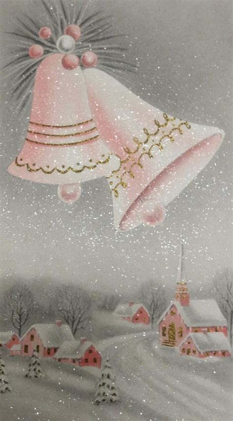 Pink Glitter Bells Mid Century Snow Village Silver 1950s Xmas Card